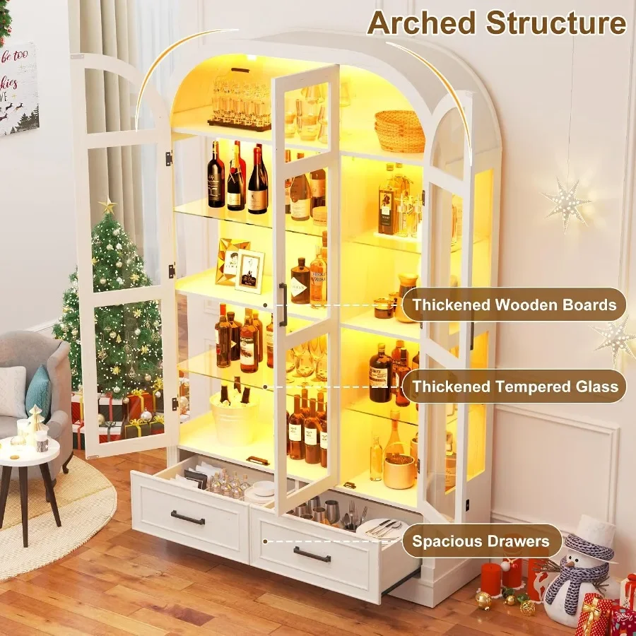 74" Arched Display Cabinet with Glass Doors and Drawers, Motion Sensor 3-Color Lights, Glass Curio Cabinet, 5-Tier Showcase for view 3