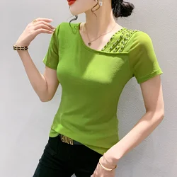 #5418 Black Green Rose Red Mesh T Shirt Women Skew Collar Diamonds Sexy Tight T-shirt Short Sleeve Korean Style Office Tee Shirt