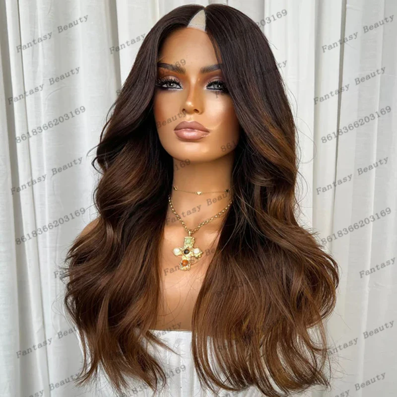 

100% натуральные человеческие волосы Ombre Медно-коричневый 1x4 Размер Открытие V-образной части Парики для чернокожих женщин Бесклеевой волнистый парик с боковой средней частью U