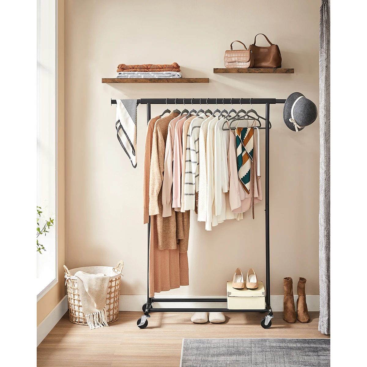 SONGMICS Clothes Rack on Wheels, Heavy Duty Clothes Rail, with Extendable Hanging Rail, 90 kg Load Capacity, Portable