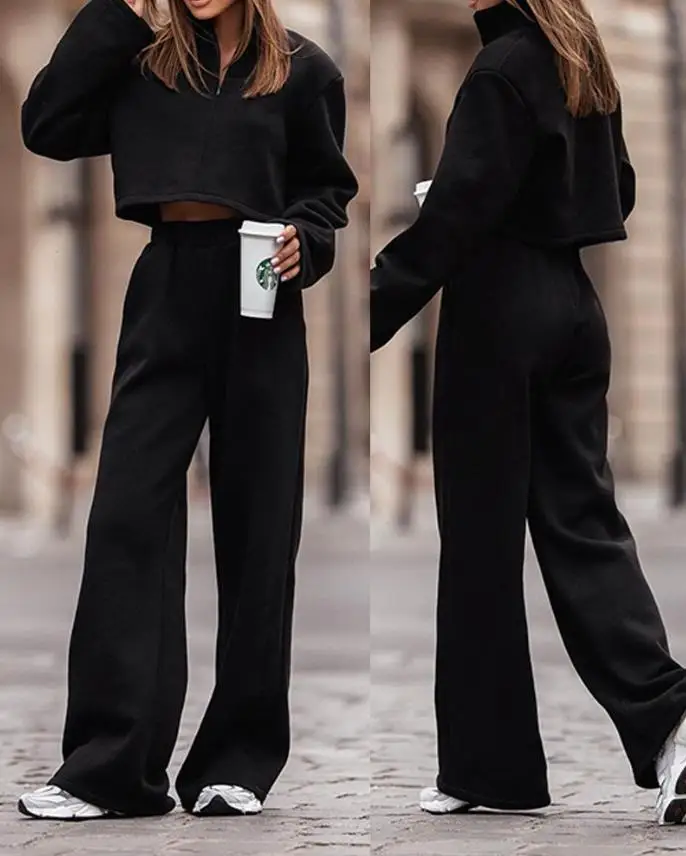 Two Piece pants Set Women Outfits 2023 Solid Long Sleeve Standing Neck Top & Pocket Wide Leg Pants Set Casual Autumn Suits