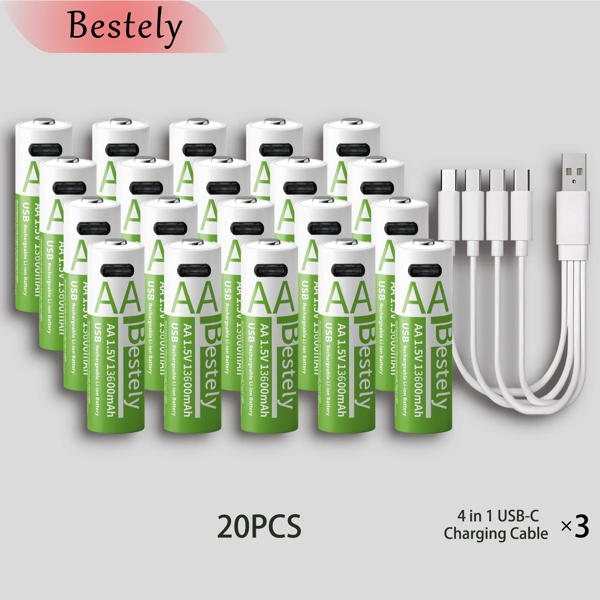 Beste 1,5 V AA 13600 mAh oplaadbare lithiumbatterij Langdurig snel opladen Li-ionbatterijen 2000 cycli met USB-C-kabels