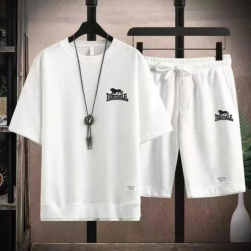 

New LONSDALE Summer Men's Waffle Set Casual T-shirt and Shorts Set Men's Sports Set Loose Set 3XL Suitable for Outdoor Sports