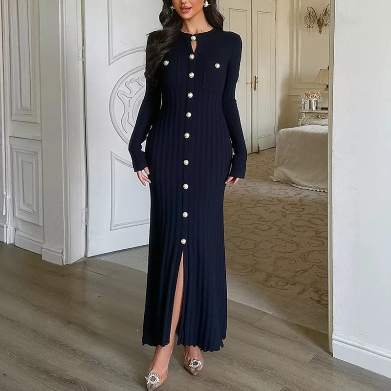 YuooMuoo Merk Mode Vrouwen Gebreide Maxi Jurk 2025 Nieuwe Esthetische Y2K Single-breasted Shirt Trui Jurk Lady Party vestidos