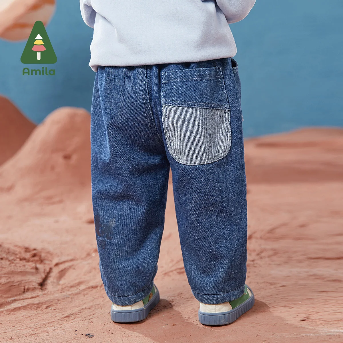 Amila Baby Boys' Jeans 2024 Winter New Casual Straight Pants Elastic Waist Trousers Multi-Pockets Underwear