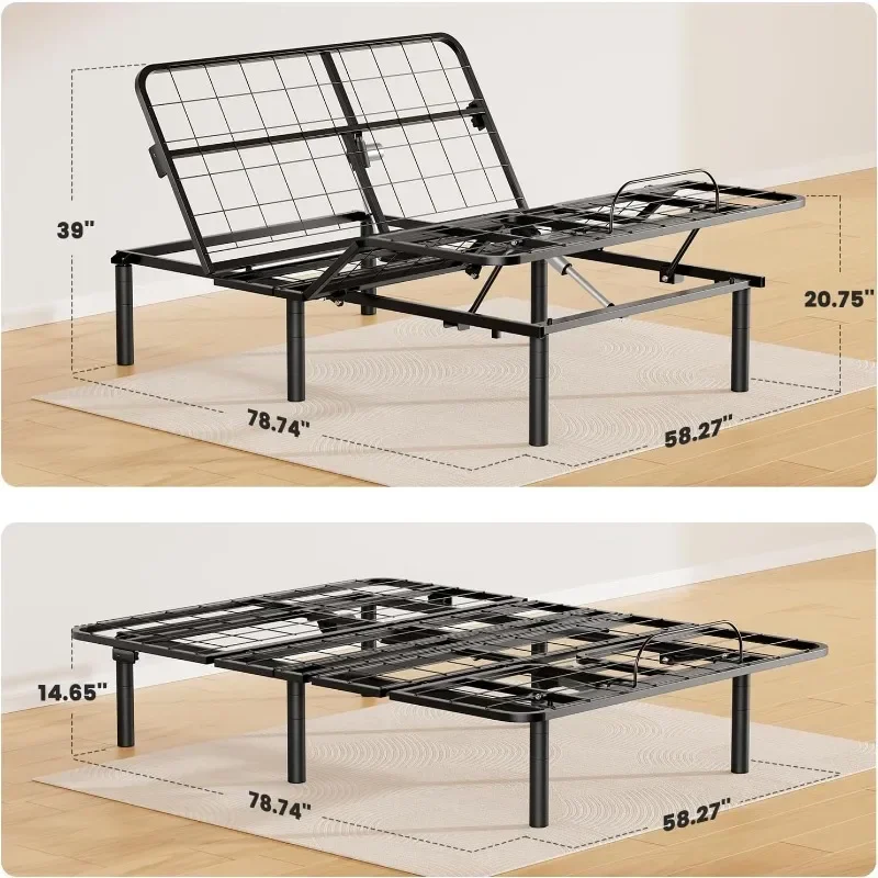 Adjustable bed frame, 4 USB ports, 5-minute assembly for relaxation, reading, reducing snoring and acid reflux