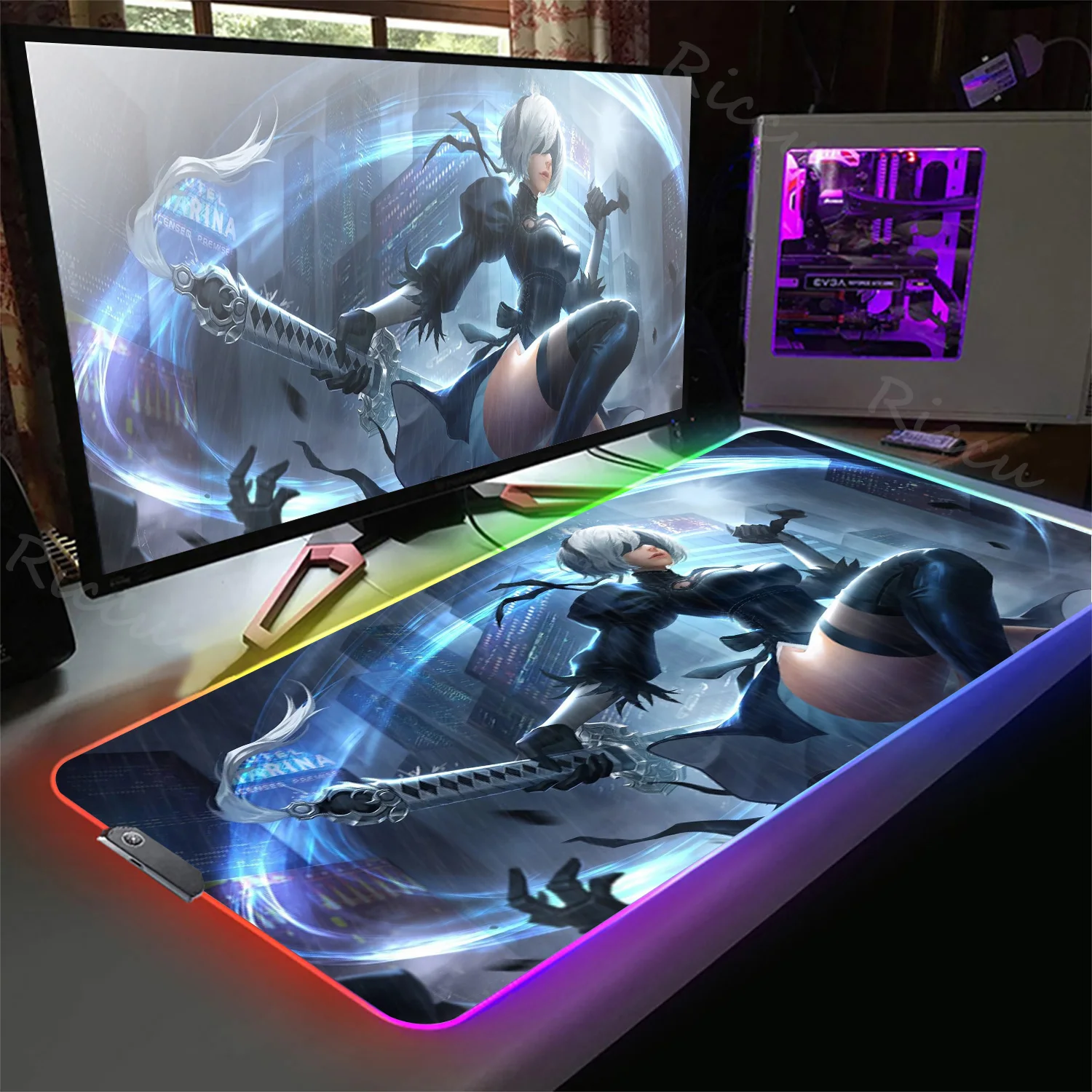 

N-Nier Automata 2b Mouse Pad RGB Gaming Mouse Pad HD Gamer Accessories Large LED Light MousePads PC Carpet With Backlit