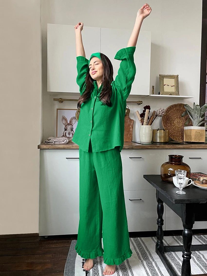Marthaqiqi Cotton Winter Ladies Nightgowns Suit Long Sleeve Sleepwear Turn-Down Collar Nightwear Wide Leg Pants Femme Pajama Set