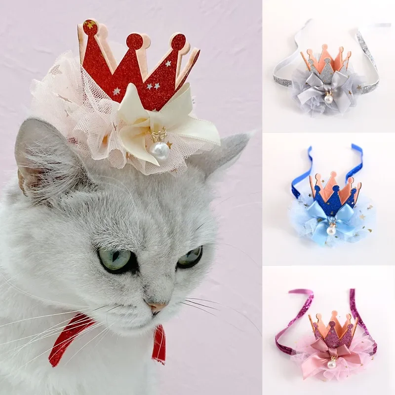 Pet Birthday Crown Party Lace Hat Cat Dog Decoration Sequin Princess Tiara Christmas Gift Puppy Accessories littlest pet shop