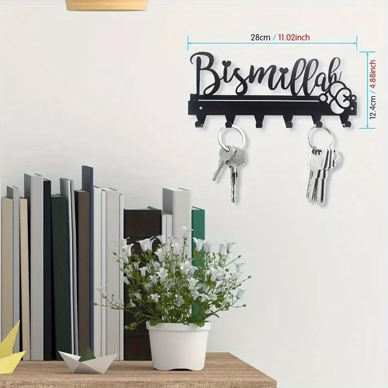 Modern Black Minimalist Metal Key Holder Wall Mount - 6 Reinforced Hooks, Powder Coated Steel, Ideal for Keys, Umbrellas