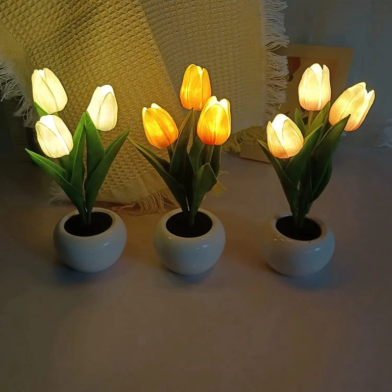 ABRW-Lampada tulipano, nuova lampada da tavolo LED simulazione tulipano luce notturna con vaso, lampada da tavolo decorazione casa soggiorno