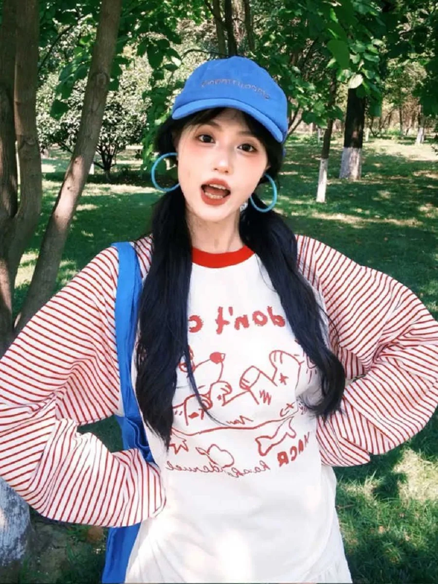 

Korean Dog Printed Striped Raglan Sleeves Long-Sleeved T-Shirt Women Spring Autumn New Lazy Loose Simple Temperament Top