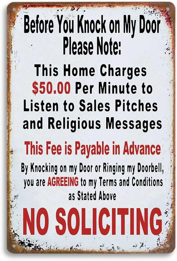 Vintage Metal Tin Sign - Humorous No Soliciting Message, 50 Charge Warning, Pre-Payment Required, Door Policy Sign, Funny Privac