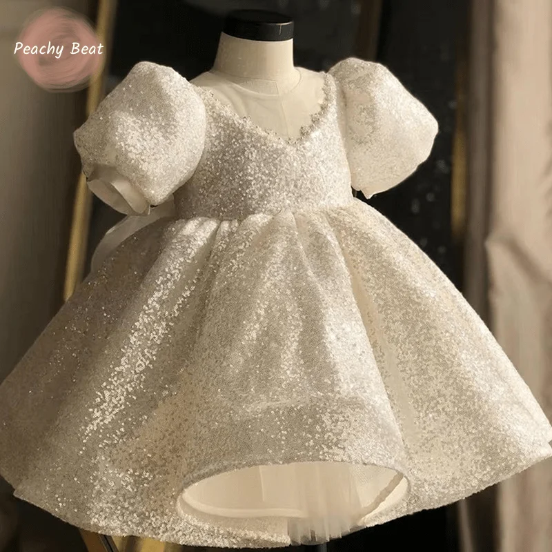 Baby Girl Princess Sequin Tutu Dress Infant Toddler Child Vintage Bow Vestido Party Birthday Ball Gown Pageant Baby Frock 1-14Y