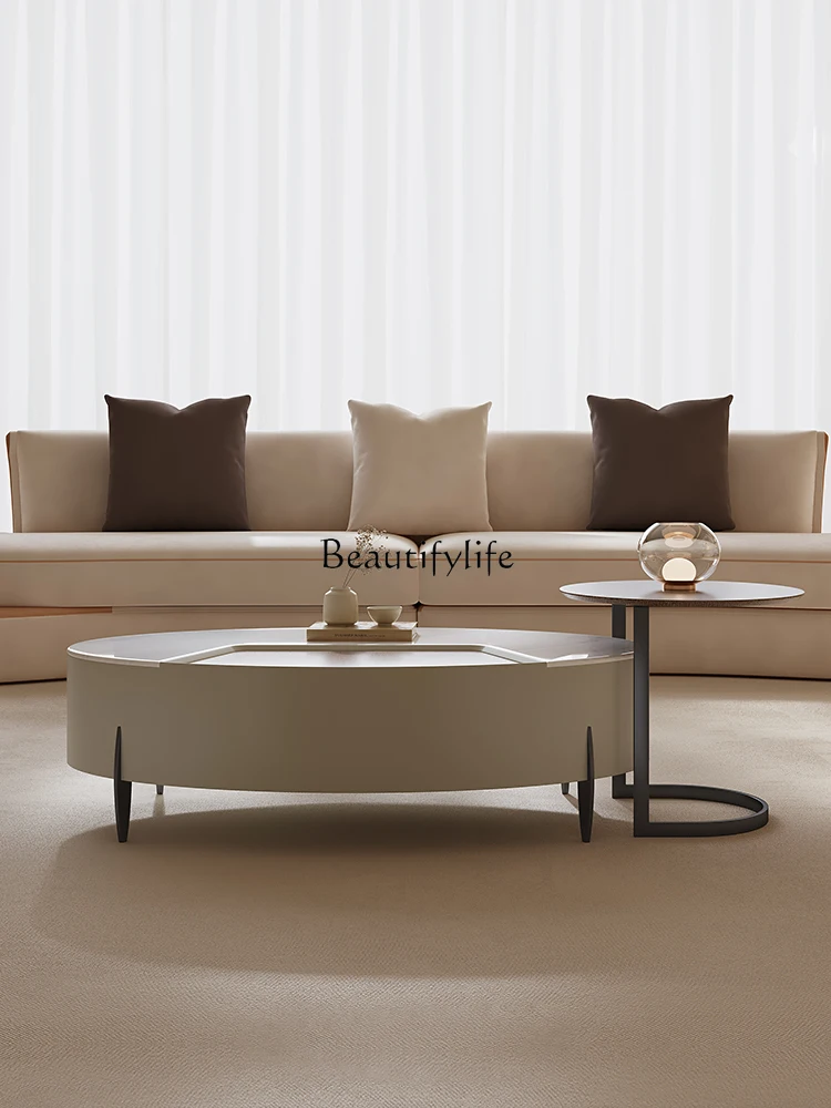 Oval Coffee Table Cream Style Living Room Designer Model Small Apartment Stainless Steel Microlite Coffee Table