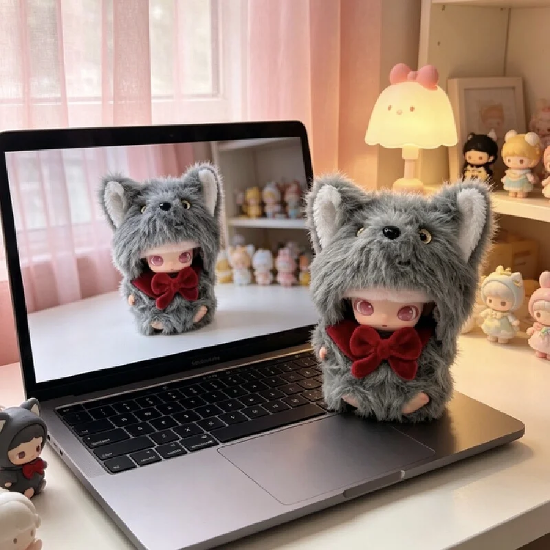 

For Dimoo Replacement Doll Clothes Gray Little Wolf Plush Fluffy Outfit Red Bow For Secret Drama Club New Birthday Diary Series