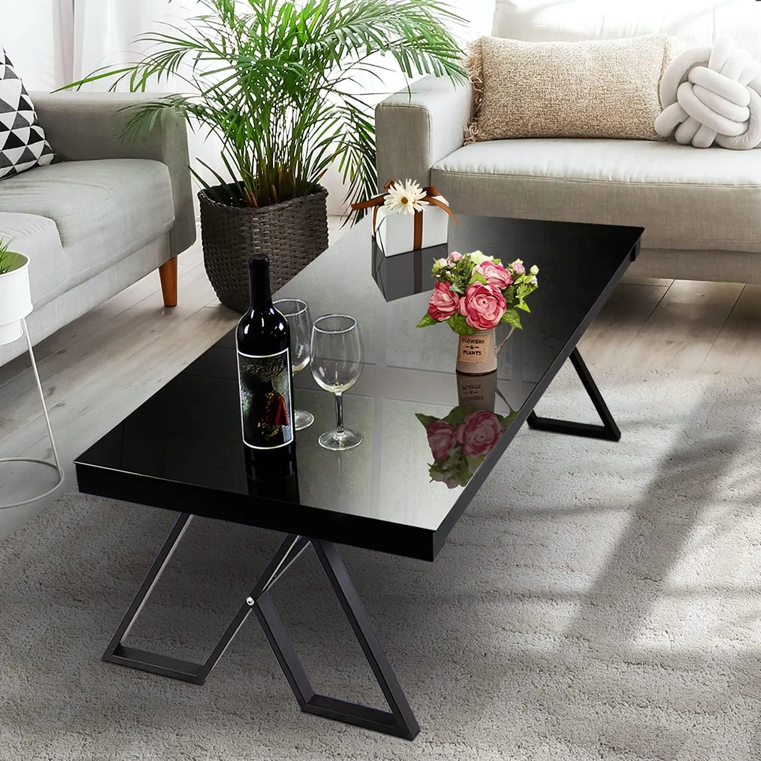 Jerry & Maggie Tempered Glass Tea Table Coffee Table Cocktail Desk Table - Modern Steel Triangular Legs Living Room Desk Decor