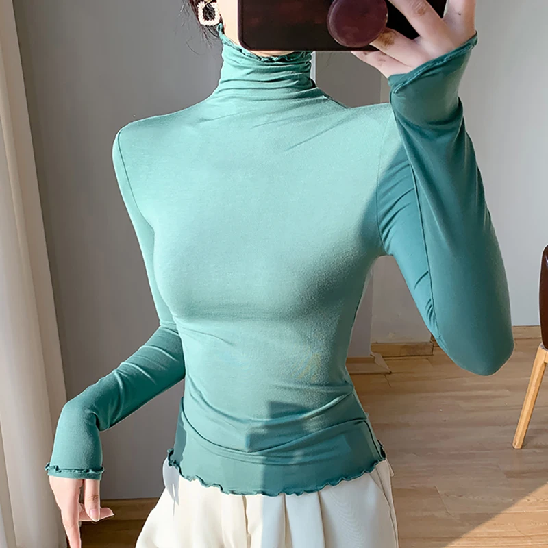 

Ruffles Turtleneck T Shirt Modal Bottoming Shirts For Women Autumn Winter Korean Style Thin Long Sleeve Top Tshirt Woman Clothes