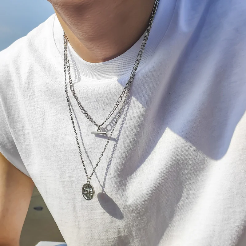 Men’s Antique Silver LOVE-Bar Layered Necklace Figaro Chain Hammered Coin Pendant Vintage Oxidized Necklace Men