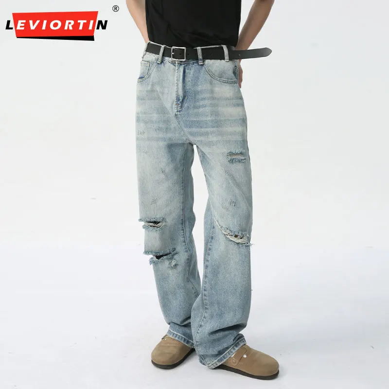 High Street Men's Hole Washed Jeans Fashion Male Old Straight Denim Pants Casual Zipper Fashion Trend Streetwear Unisex