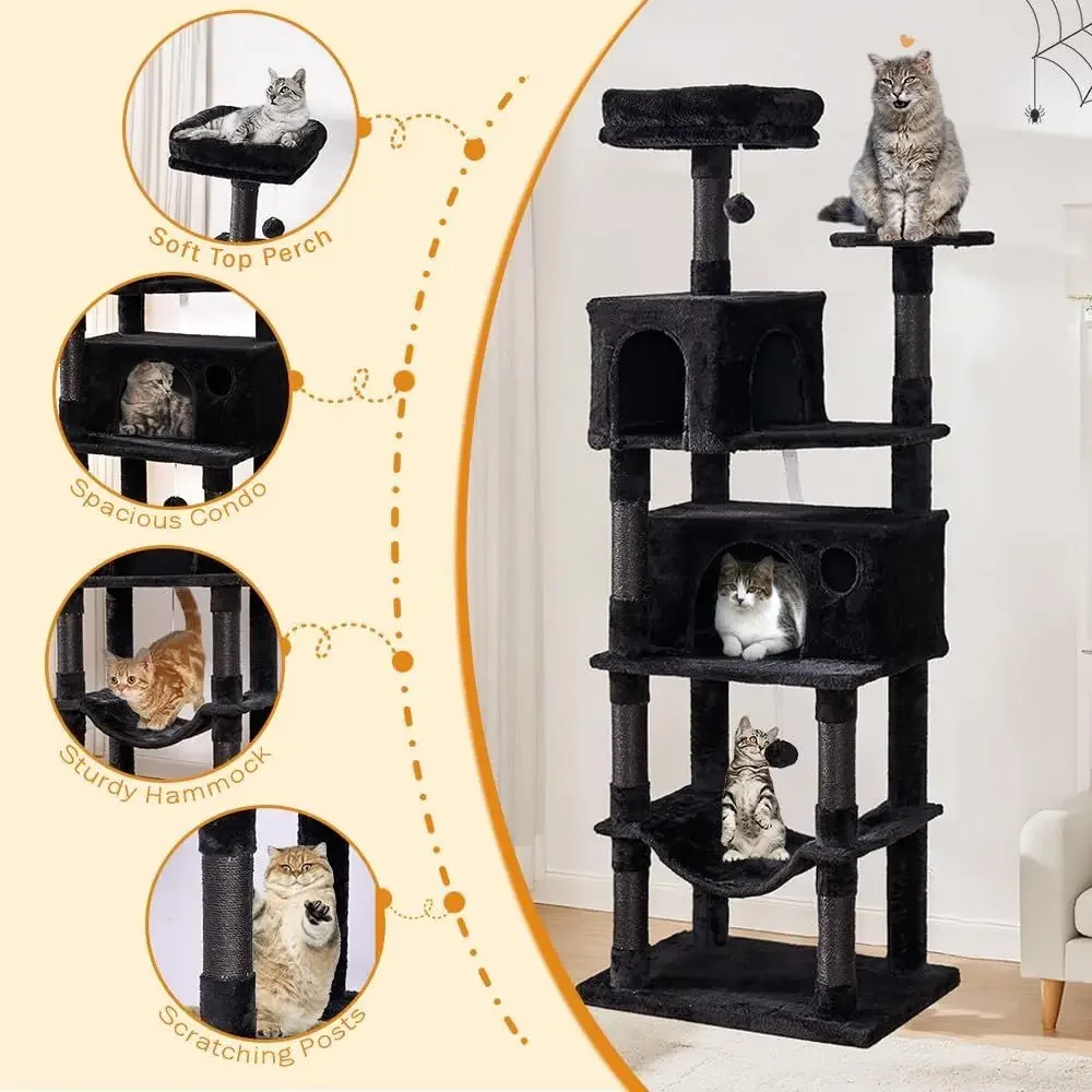 67 Multi-Layered XL Cat Tower for Large Indoor Cats with Hammock, Sisal Scratching Post, Plush Perch, and Condo - Gray - view 2