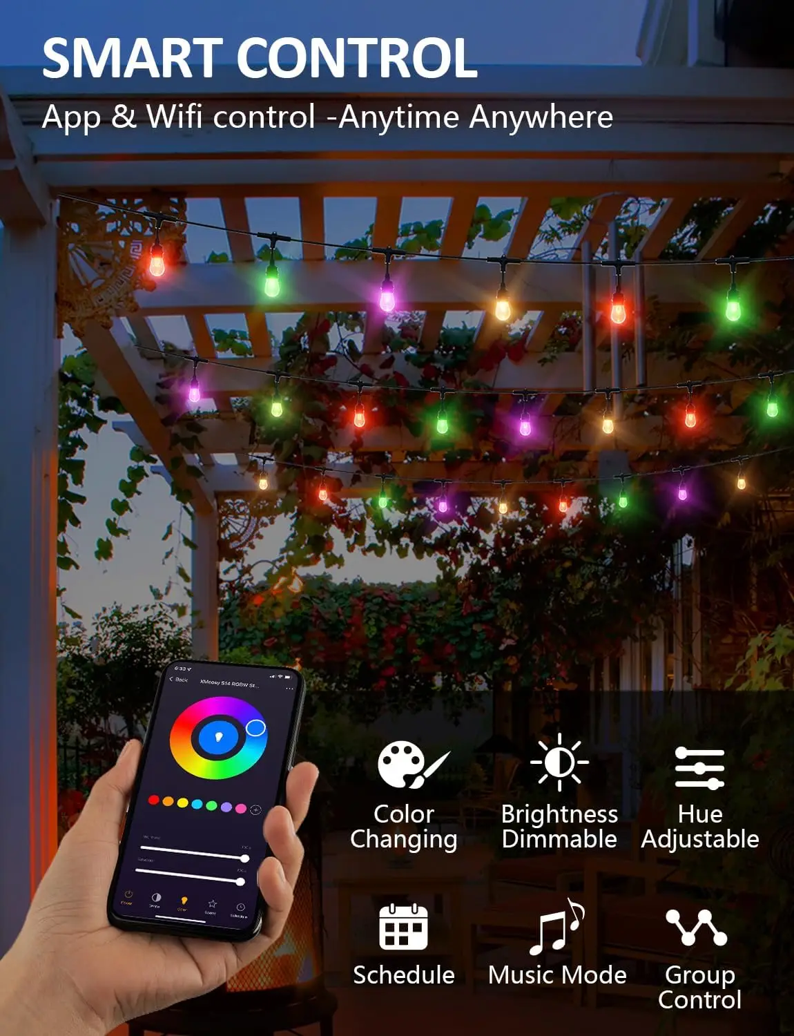 Xmcosy+ Outdoor String Lights, Smart 98Ft Rgbw Patio Lights Waterproof, App Control, Work With Alexa, Color Changing Led String