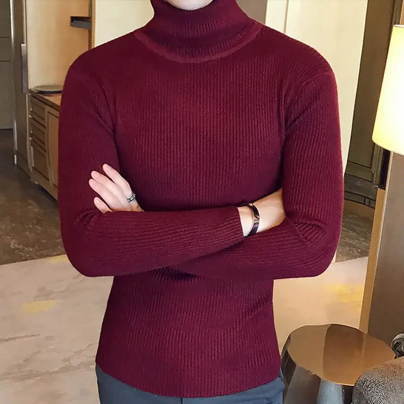 New Men's Solid Color Vertical Strip Slim Bottoming Turtleneck Sweater European and American Style Long-sleeved Sweater