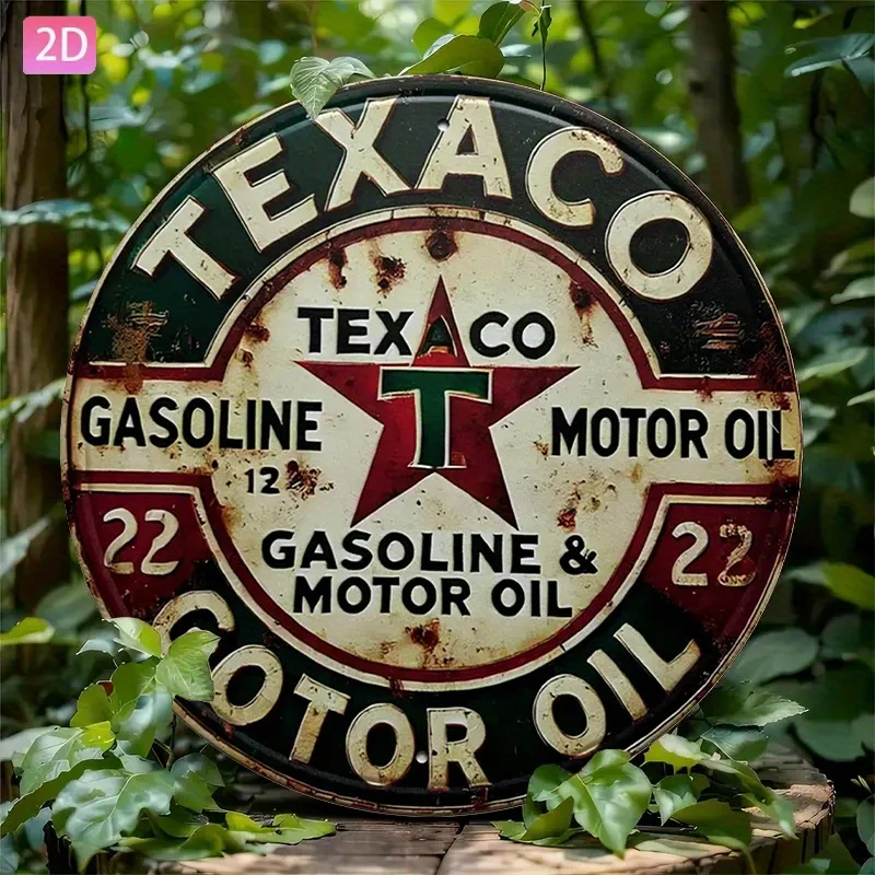 Letrero de metal vintage Texaco Motor Oil - Decoración de pared redonda de aluminio con diseño retro rojo, blanco y verde para garaje, cocina