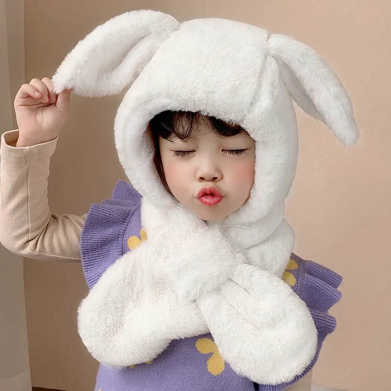 New Children's Hat Autumn and Winter Thickened Warm Ear Protection Head Cover Cartoon Cute Rabbit Ears Plush Integrated Hat