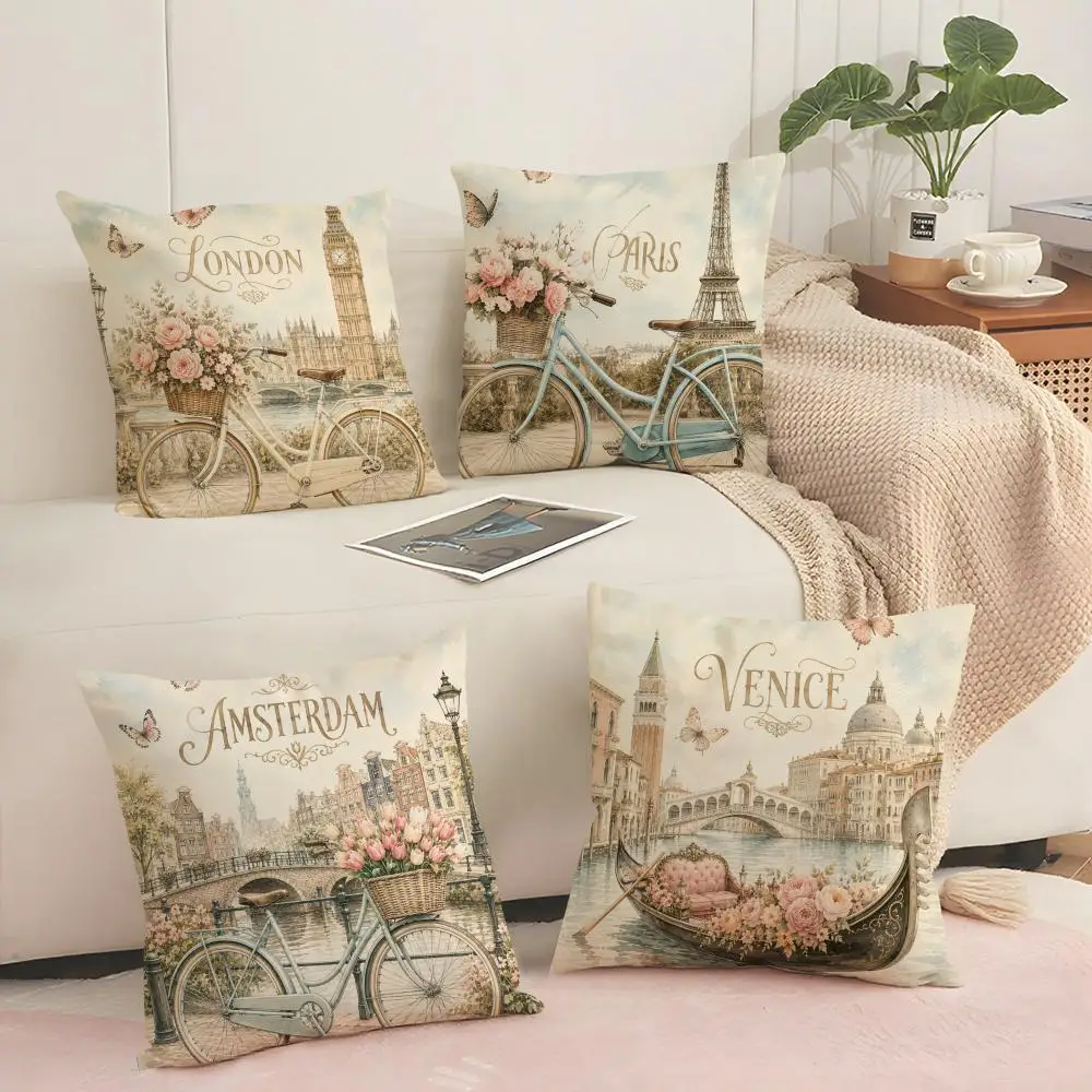 Retro Parisian Bicycle Cushion Cover Silky Short Plush Invisible Zipper Dustproof Sofa Pillow Case for Home Decor