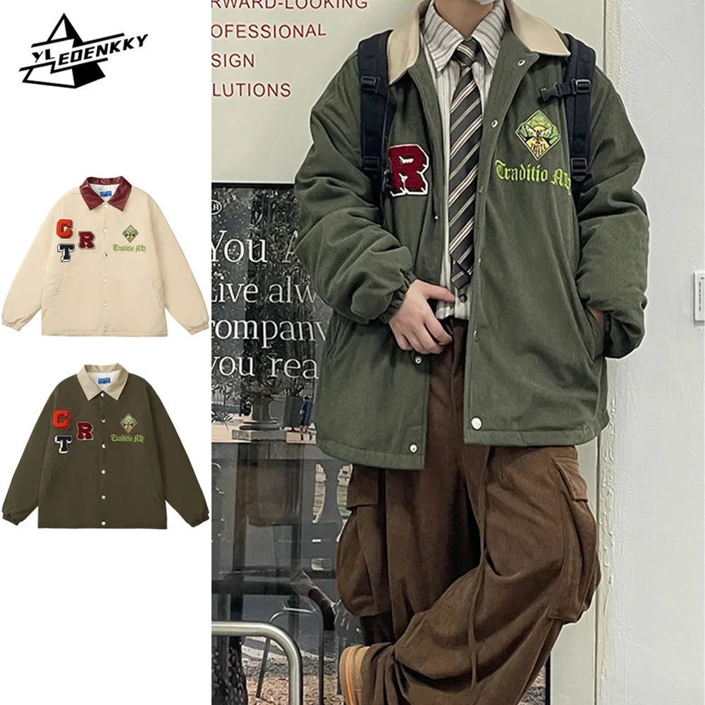 

American Baseball Parka Men Women Hip-hop Letter Embroidery Thick Jacket Vintage Loose Cotton Lapel Coat Couple Winter Outwear
