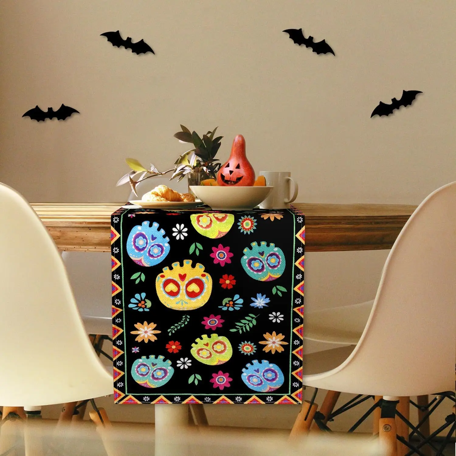 Mexican Sugar Skull Floral Day of The Dead Linen Table Runner Washable Mexico Dia De Los Muertos Table Runner Fiesta Party Decor