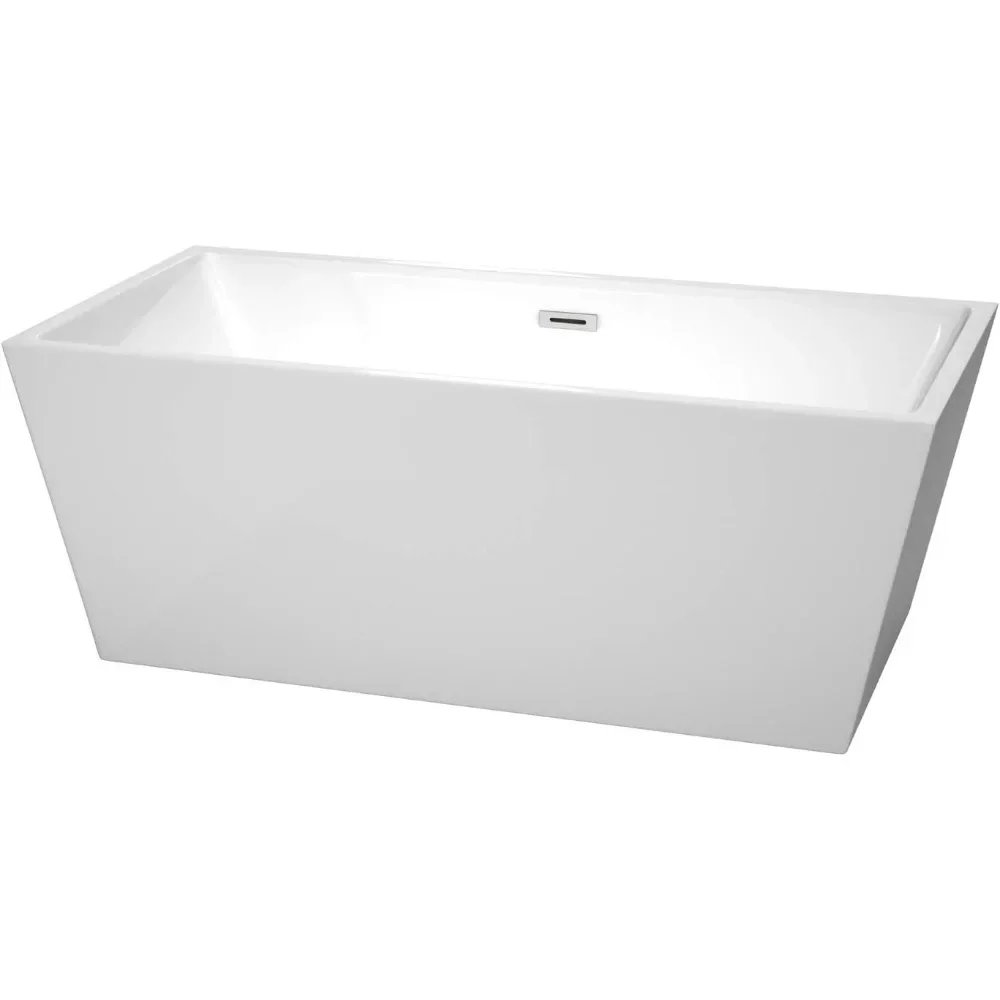 

63" Glamorous Freestanding Bathtub in Glossy White, Featuring Polished Chrome Drain & Overflow Trim for Ultimate Soaking Comfort