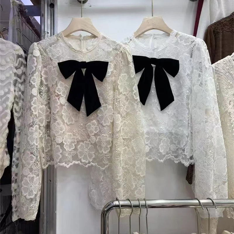 

Spring Autumn 2026 Women Lace Shirt Blouse With Vest Crochet Transparent Detachable Bow Top Female Casual Long Sleeve 58916