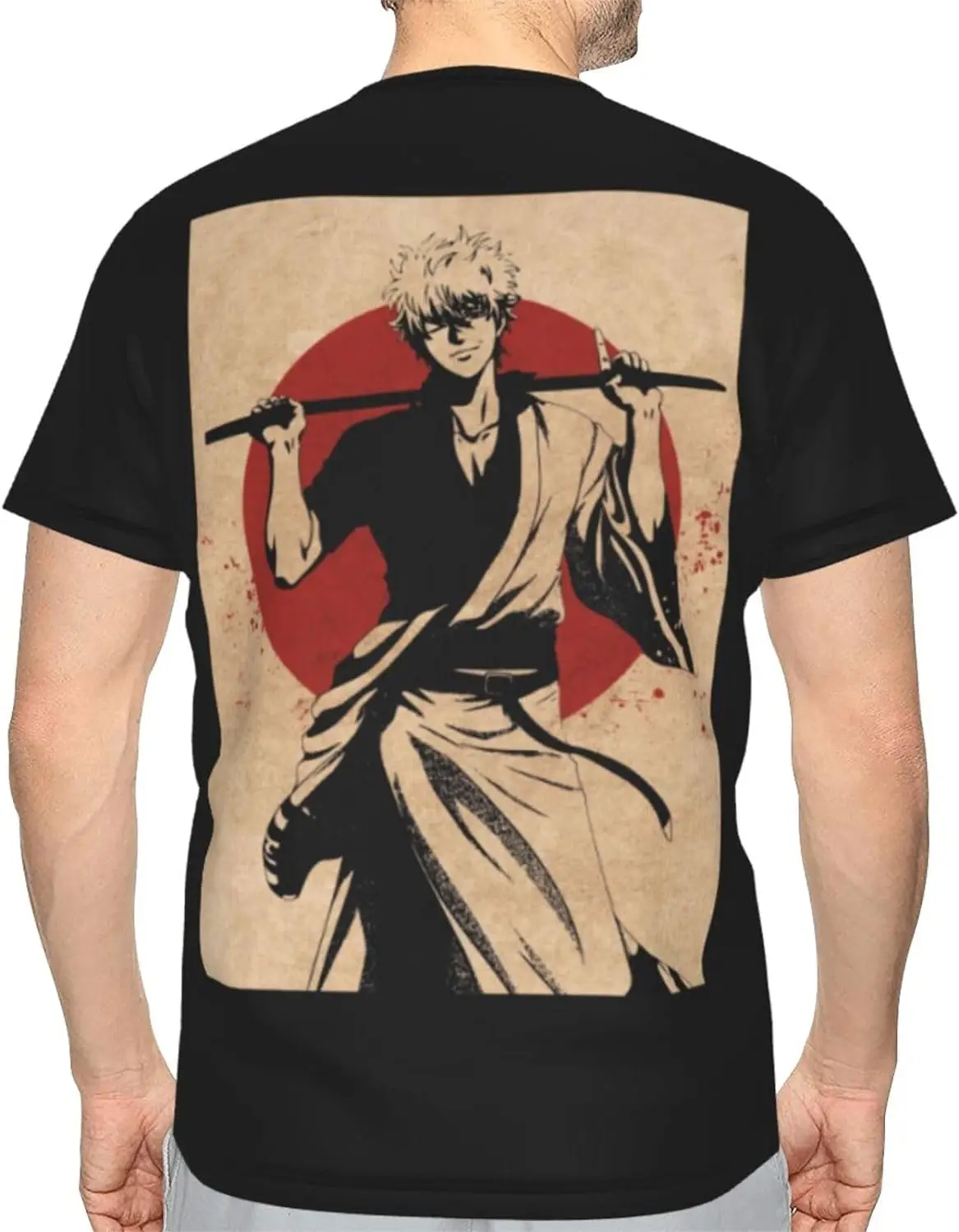 Gintamas Shirt Men's Casual Fashion Full Print Round Neck Short Sleeve T-Shirt Top Black
