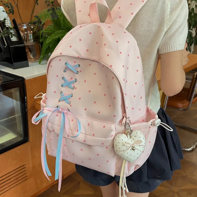 Polka Dot Bow Backpack for Women Women with Pendant Laptop Backpacks Light Travel Rucksack for Daily Use Hiking Trip