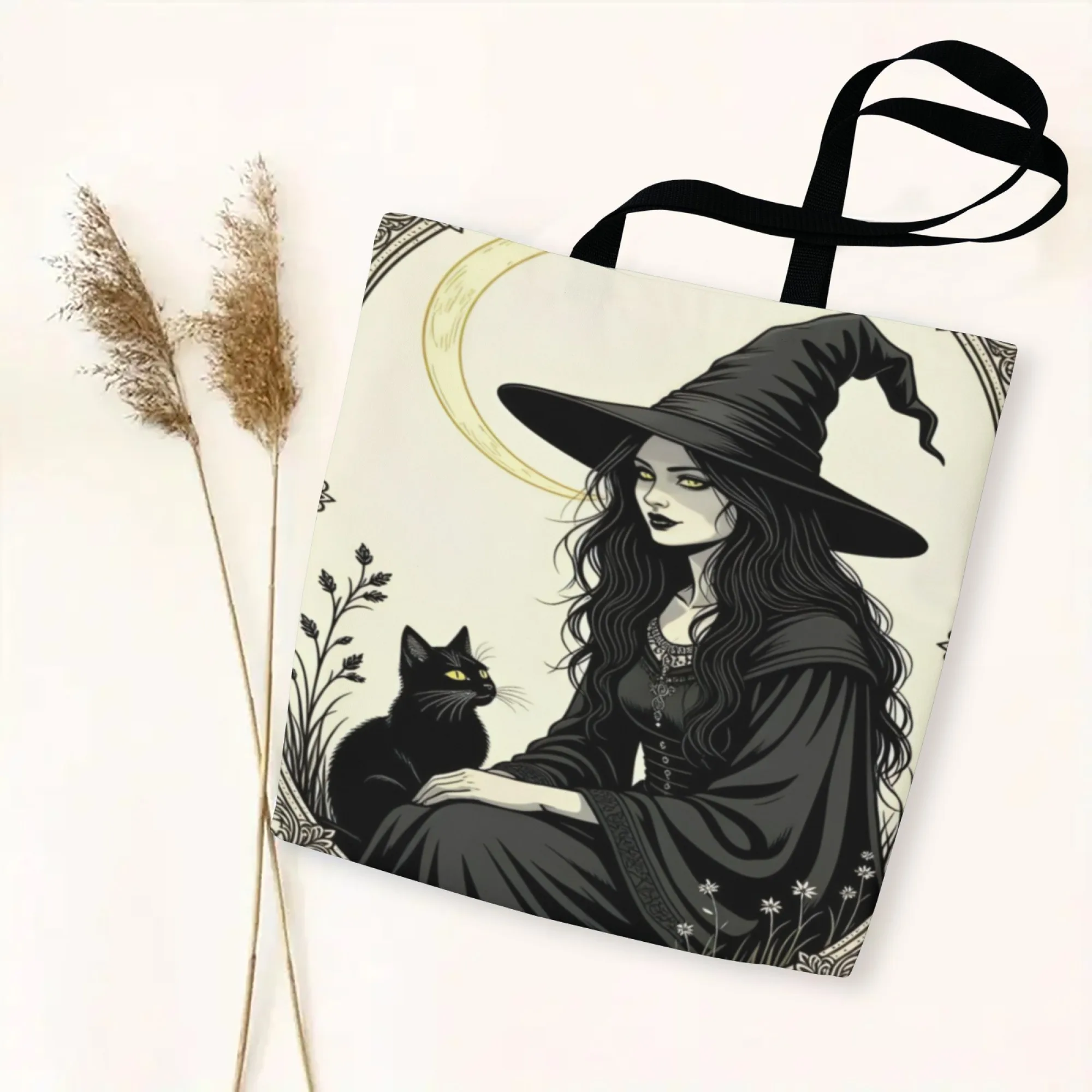 Mysterious Canvas Tote Bag Witch & Cat Design for Women Eco-Friendly Reusable Suitable for Gothic Gatherings Occult Exhibitions
