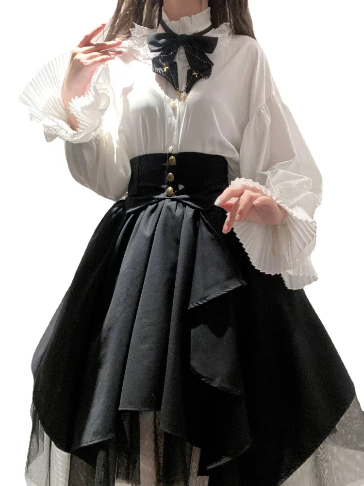 2024 ใหม่Retro Lolita Gothicเสื้อ + Harajuku Vintage Punkไม่สม่ําเสมอเอวCinchedตาข่ายกระโปรงสบายๆผู้หญิงStreetชุดกระโปรง