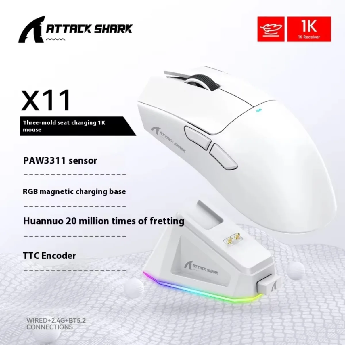 Attack Shark X11 Kabellose Bluetooth-Maus mit RGB-Ladestation, optischer Sensor PAW3311, 22K DPI,