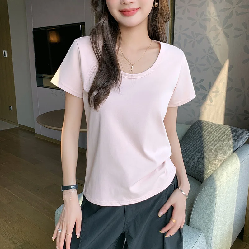 

Женская летняя футболка с U-образным вырезом на плечах, новая модная модель, стройнящая и универсальная, с коротким рукавом