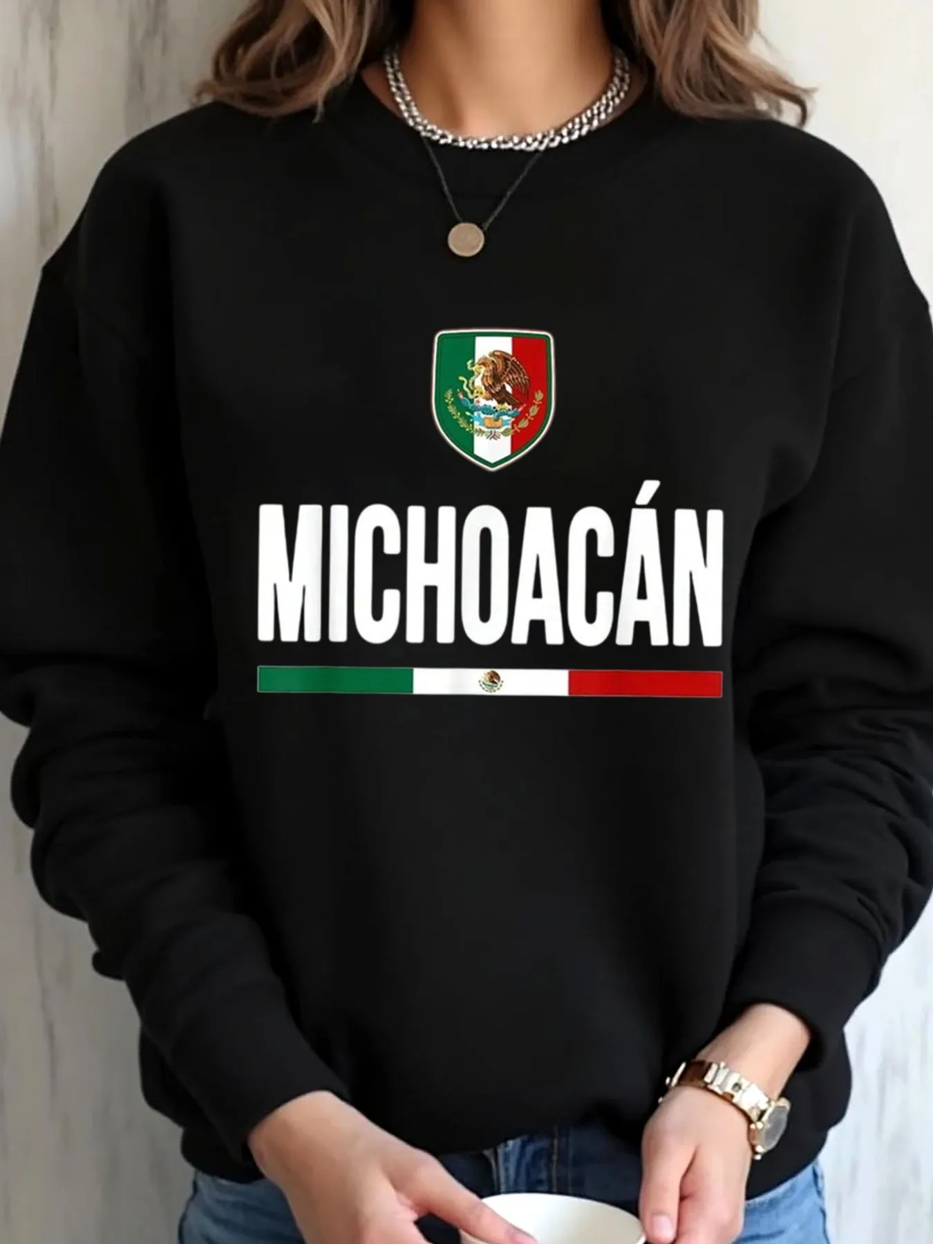 Women Oversized Sweatshirt Mexico Independence Day Michoacan Flag Print Outdoor Wear