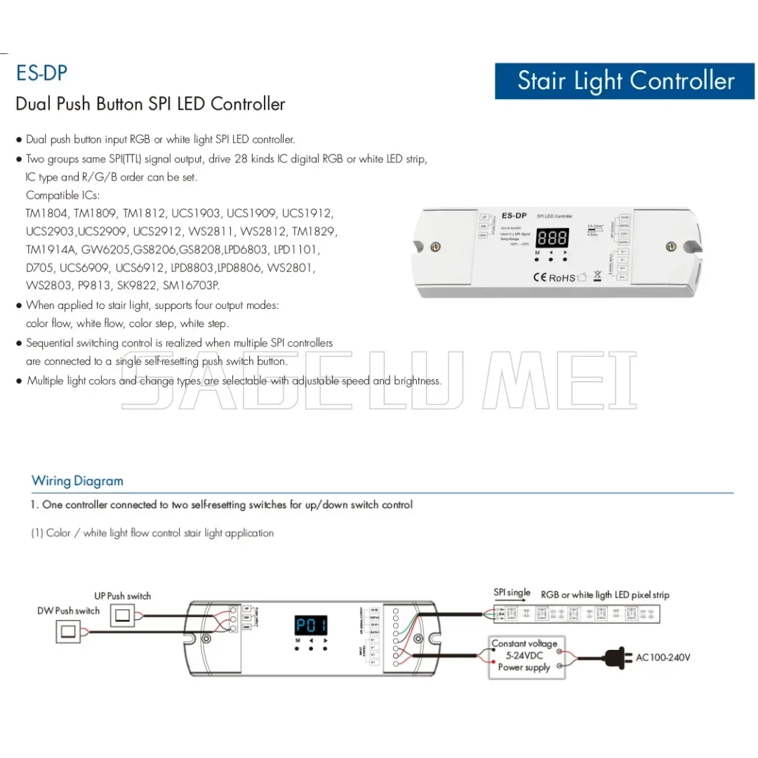 ES-DP Skydance DC5V-24V Dual Push Button SPI Controller Dimmer Stair Light TTL Controller White LED Strips for WS2811 Ws2812 RGB