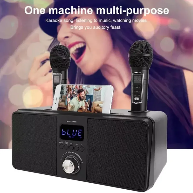 SD-309 Portable 2-in-1 Dual Microphone Singing Bluetooth Speaker Wireless Karaoke Stereo Subwoofer Karaoke 30W SDRD Speaker Set