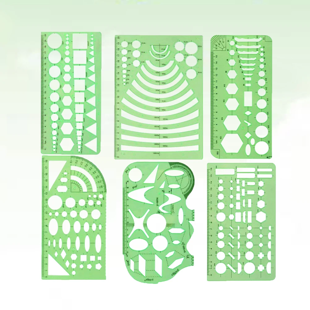 6 قطع من البلاستيك الأخضر الشفاف مجموعة مسطرة الرسم الهندسي لتصميم الفن شبكة الهندسة المعمارية الميكانيكية
