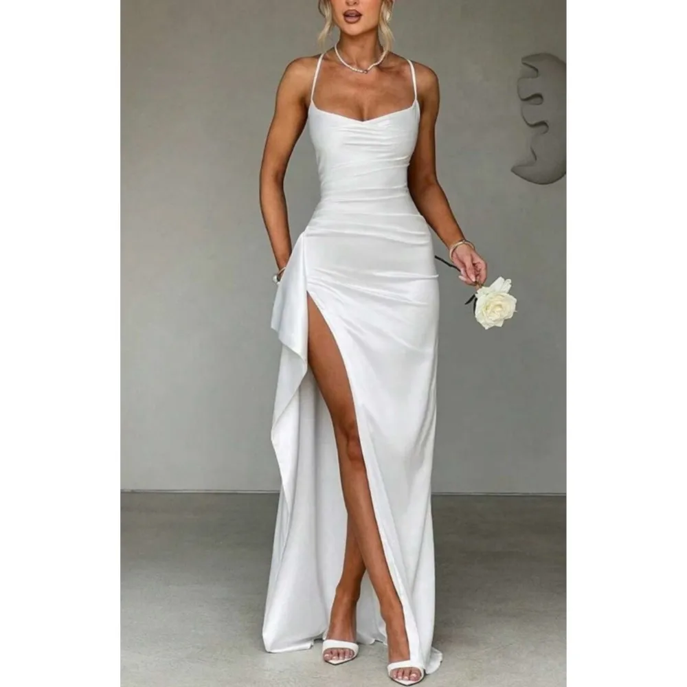 

Elegant Fashionable Solid Color Suspender Dress Summer Women's New Sexy V-neck Long Slit Off-shoulder Slim Dress Ropa Mujer