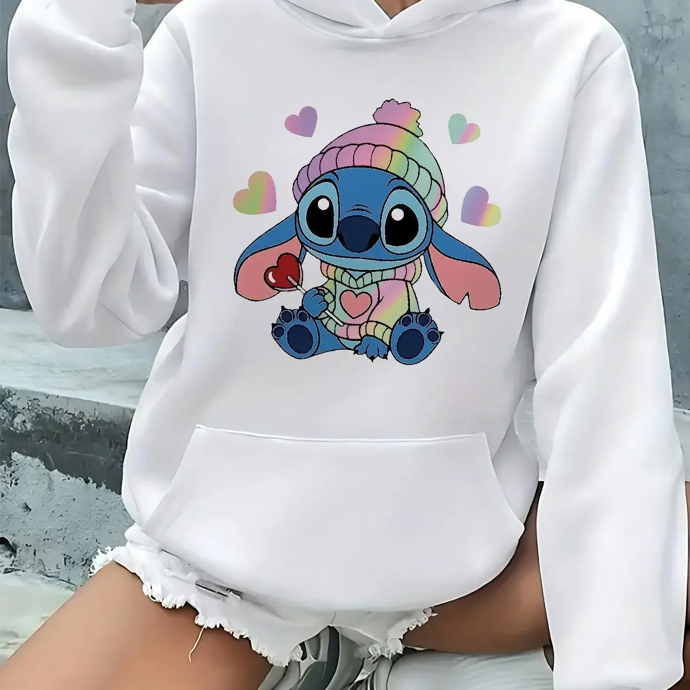 Frauen Disney Stitch Hoodies Mode Übergroße Streetwear Unisex Sweatshirts Herbst und Winter Fleece Casual Vielseitig