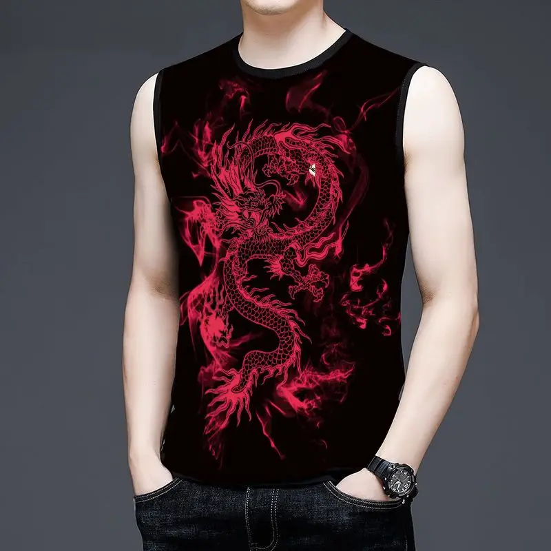 Chinese 3D Red Dragon Sleeveless T Shirt Casual Oversize Sport Running Tank Top Men Gym Black Streetwear Y2k Basketball