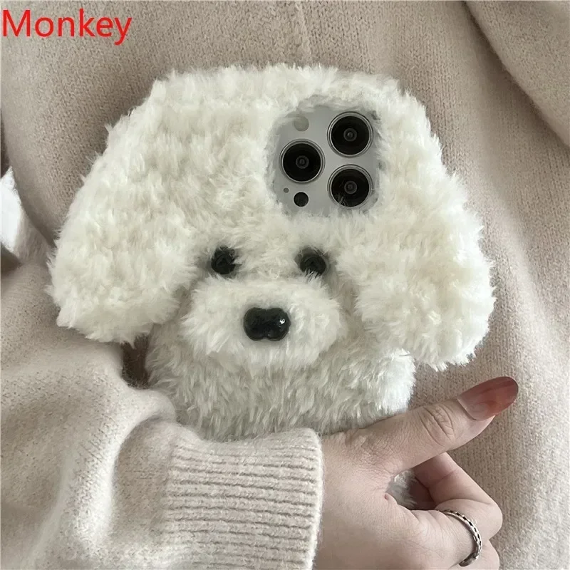 3D Cute Teddy Dog Fluffy Fur Phone Case For OPPO Reno 13 12 11 13F 12F 11F Realme 14X C75 A3 A5 Pro Find X8 Hair Fluff Toy Cover