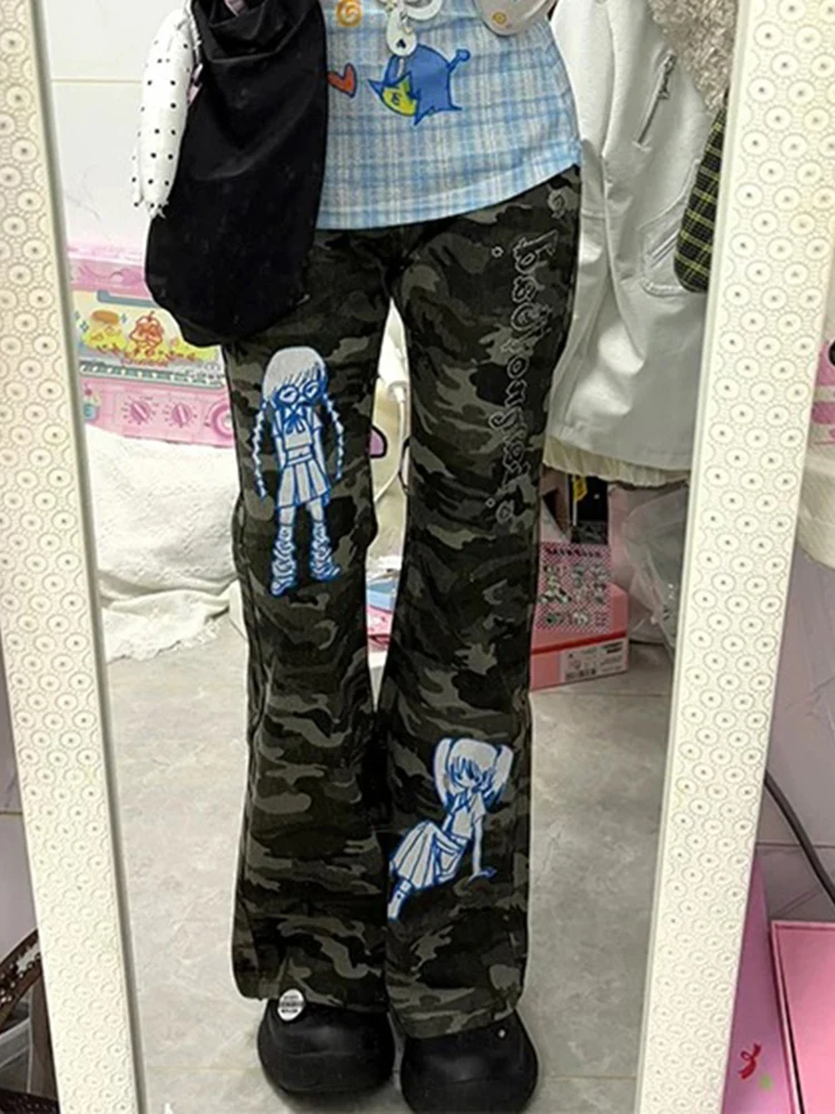 

Hot Girl Y2K Retro Casual Pants Low Waist Micro Pull Trousers Cartoon Printed Camouflage Hot Diamond Women Pants