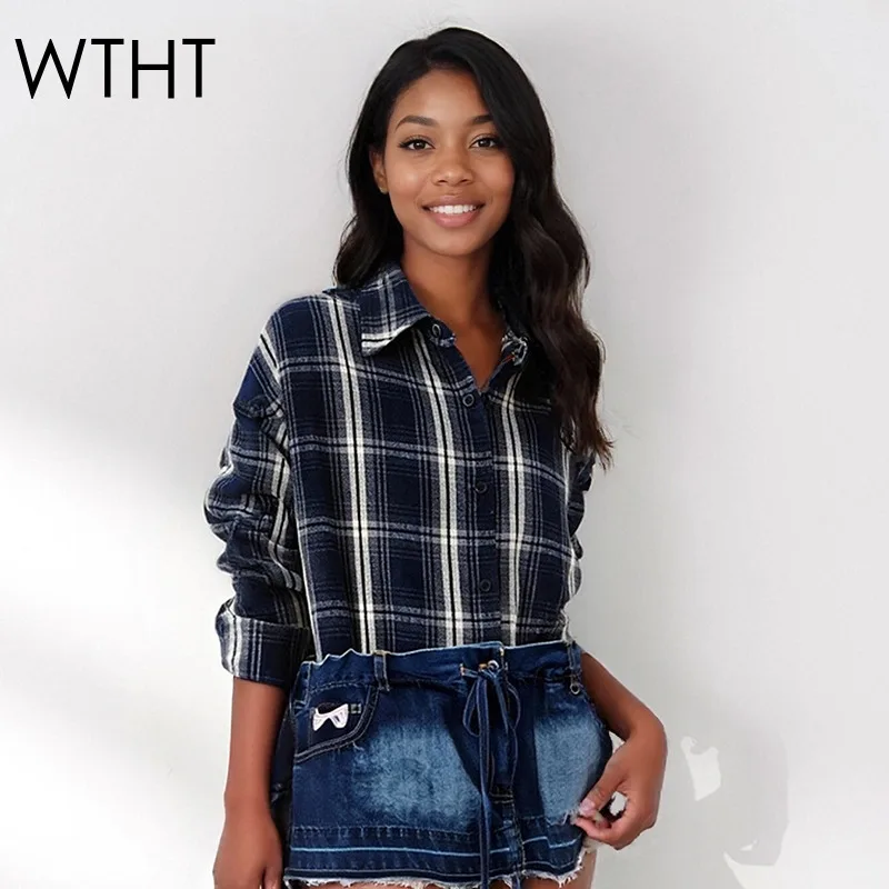 

WTHT 2022, осенняя модная женская джинсовая клетчатая рубашка, модная свободная блузка с длинными рукавами и лацканами, женская 1LS2676